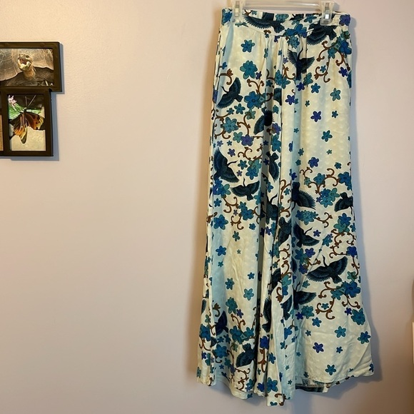 Jaase Pants - Jaase Blue Floral Bird Wide Leg Boho Palazzo Pants size XS